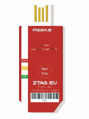 Thiết bị trong ảnh là bộ ghi dữ liệu nhiệt độ sử dụng một lần Fresvue ZTAG-EU